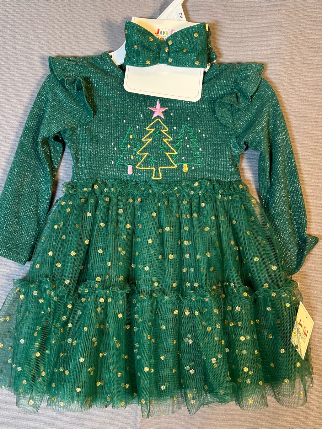 Joyful Moments Sparkle Green Holiday Dress With Embroidered Tree & Tulle Skirt